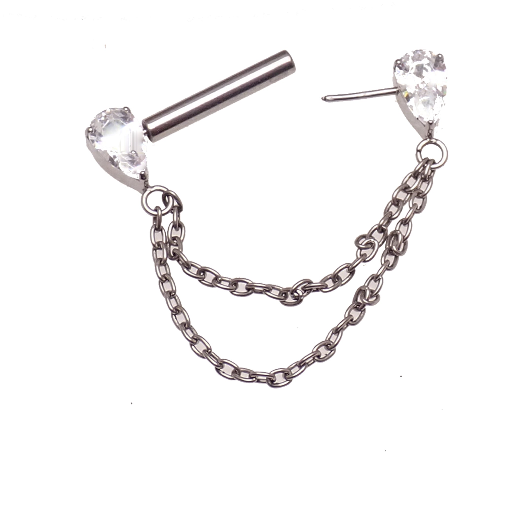 Gold CZ double chain titanium nipple bar piercing by Body Clickers in 12g, 14g, and 16g gauge with 12mm length.