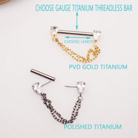 Gold titanium CZ double chain nipple piercing bar in 16g, 14g, and 12g with decorative chains and sparkling stones.