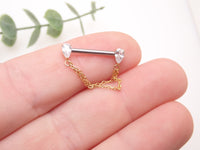 Gold CZ double chain titanium nipple bar piercing in 16g, 14g, 12g gauges with 12mm length, by Body Clickers.