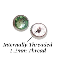 Titanium round dermal top with pink or green cubic zirconia, 14g size, threaded dermal piercing jewelry by Body Clickers