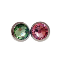 Pink or green CZ dermal top with titanium round design for body piercing, 14g threaded implant from Body Clickers.