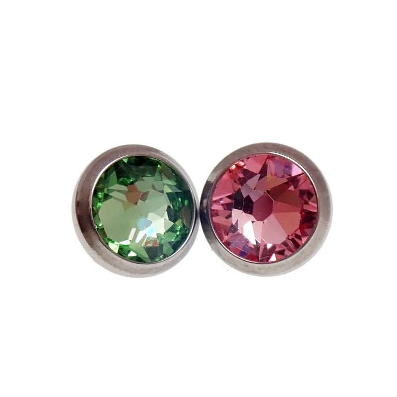 Pink or green CZ dermal top with titanium round design for body piercing, 14g threaded implant from Body Clickers.