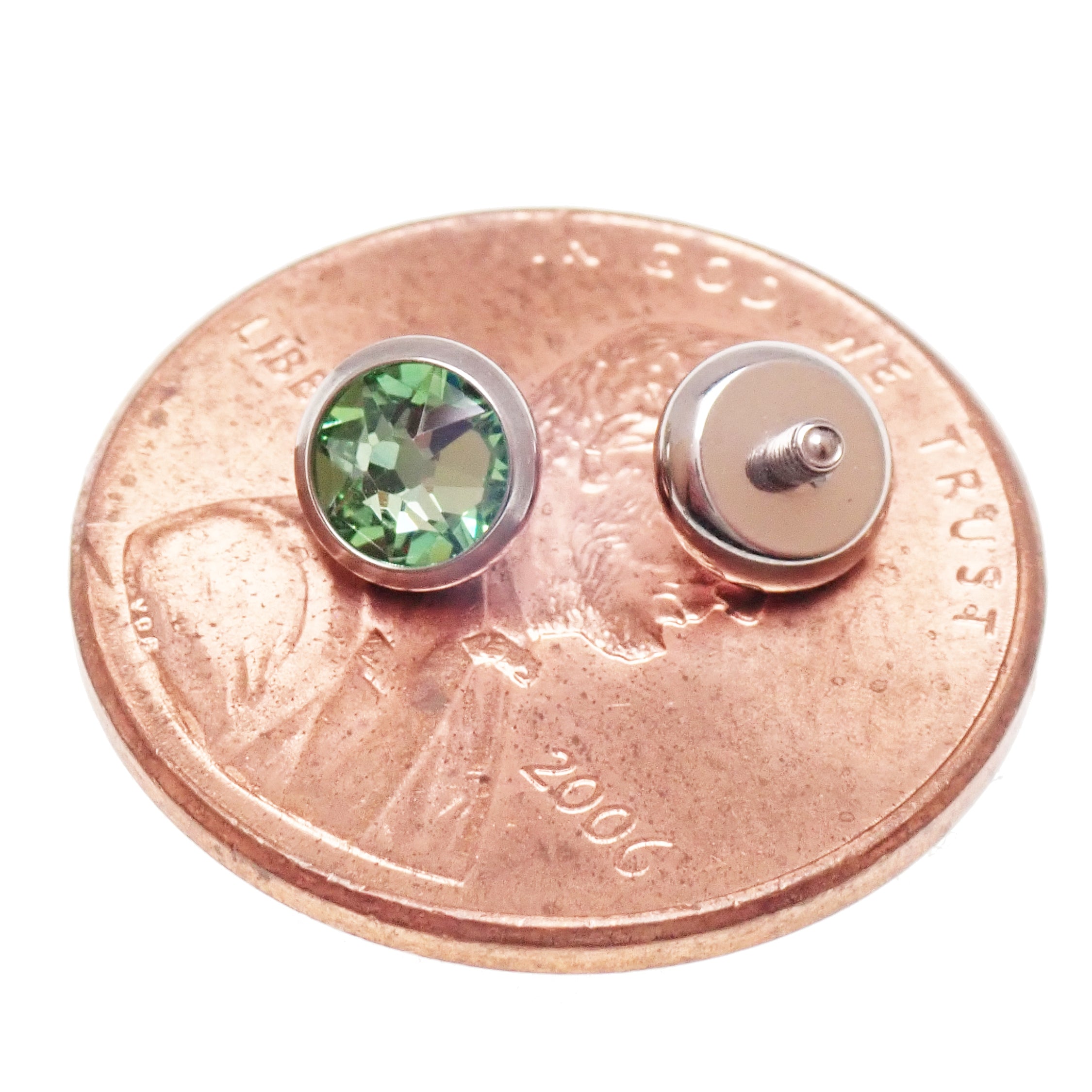 Pink or green CZ dermal top with round titanium body clicker, 14g (1.2mm) threaded implant for body jewelry.