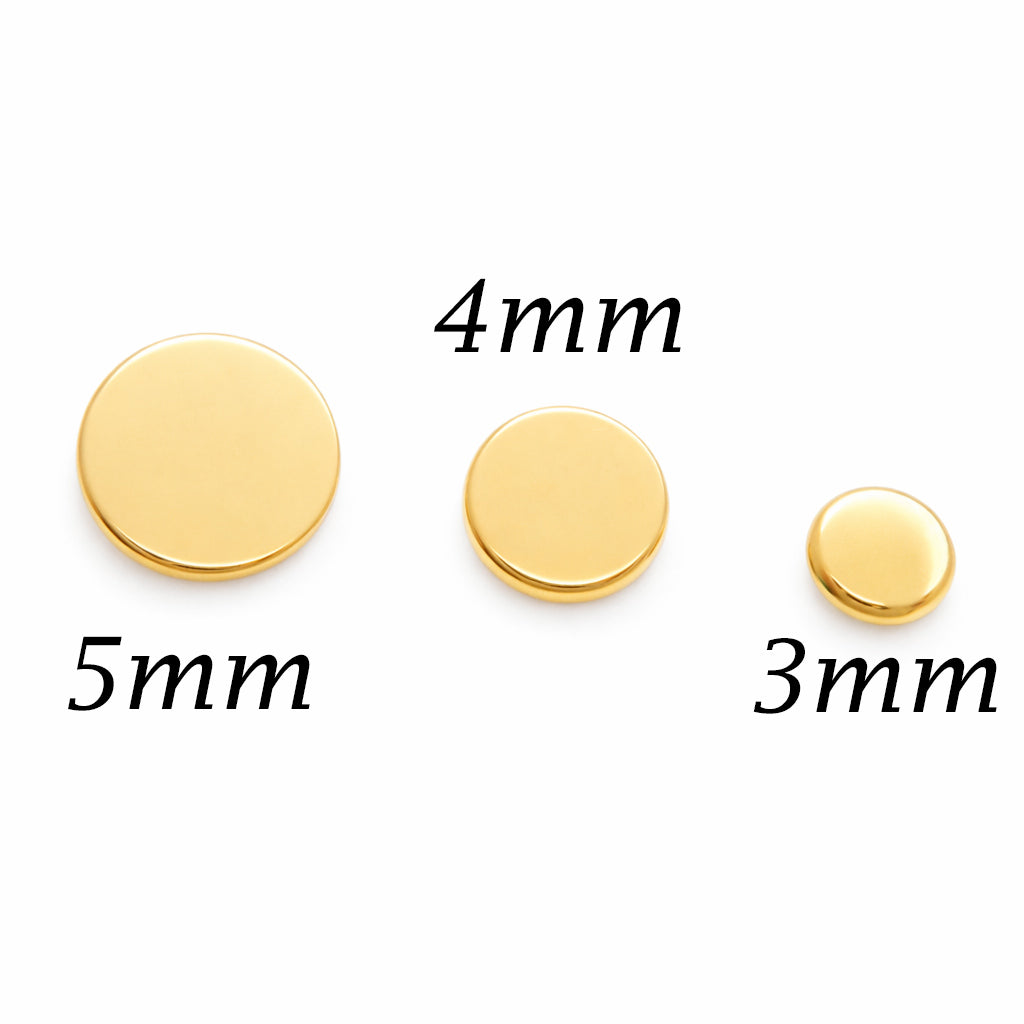 Titanium flat back body jewelry with 24K gold PVD finish and threadless flat disc top by Body Clickers.