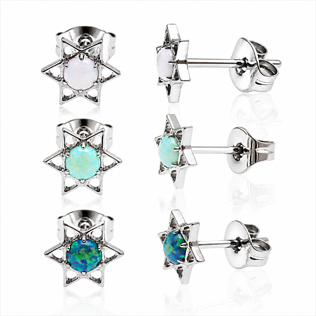 White opal implant titanium star earrings by Body Clickers, 20g, featuring a sleek star design and high-quality titanium material.