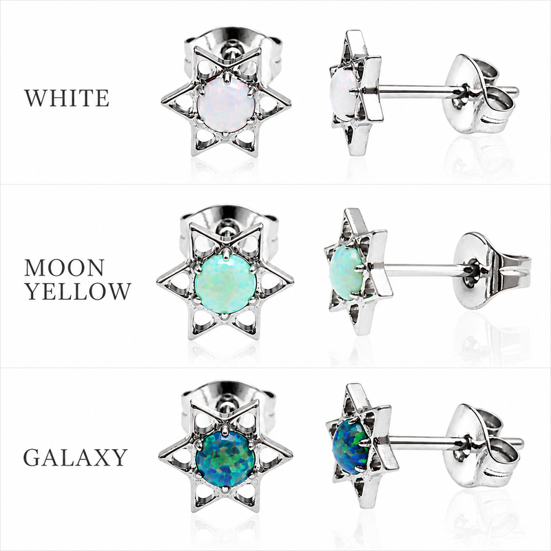 White opal implant titanium star earrings by Body Clickers, 20g, showcasing the intricate star design and smooth titanium finish.