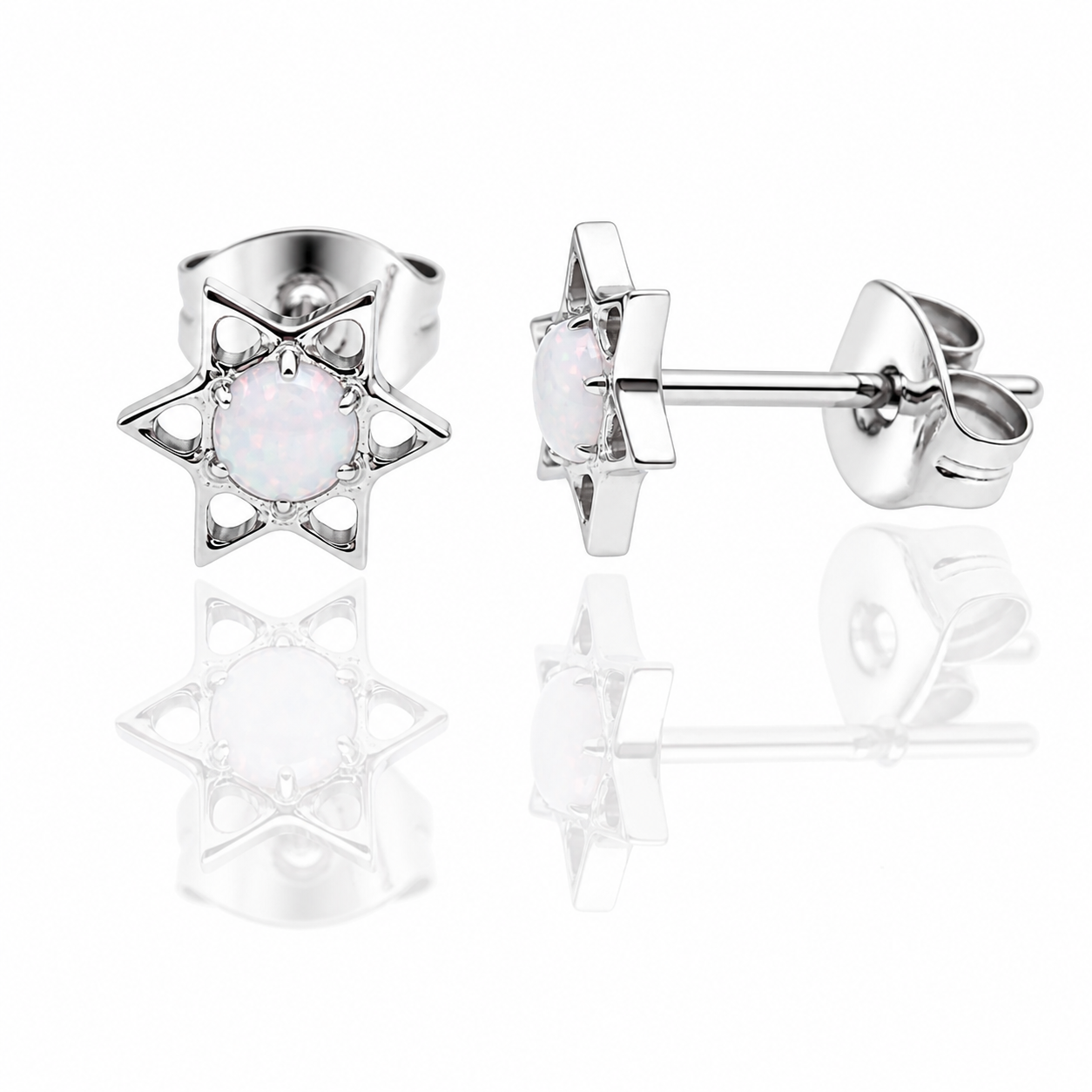 White opal implant titanium star earrings by Body Clickers, 20g, featuring bold star-shaped design and smooth titanium finish.