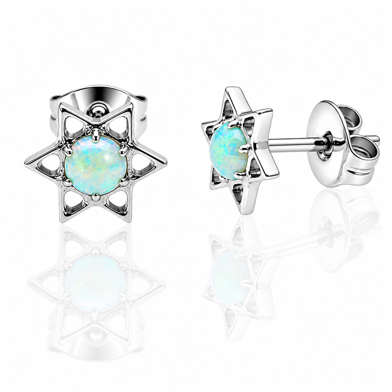 Body Clickers titanium star opal earrings with white opal in 20g implant style, suitable for body piercing jewelry.