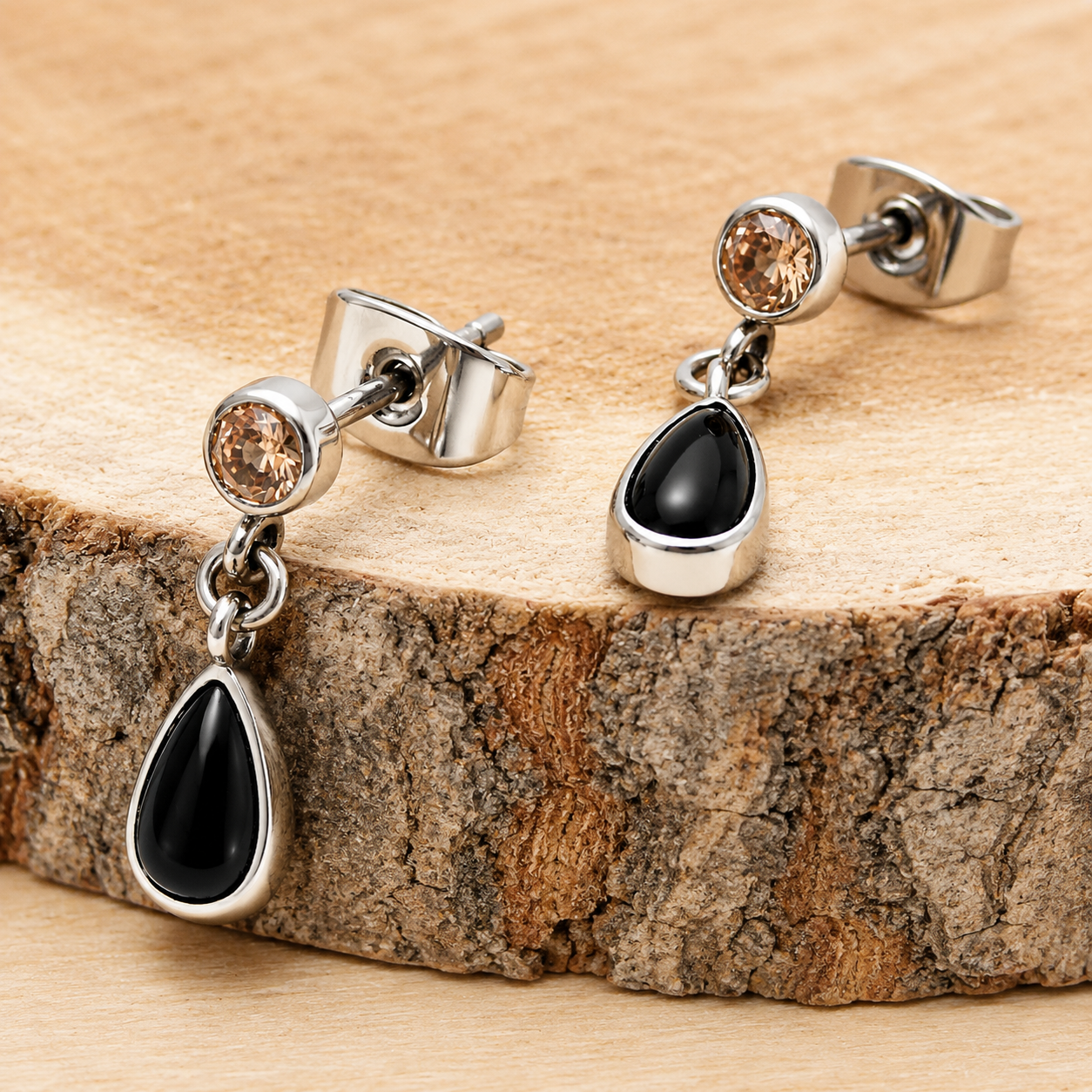 Implant grade Titanium Natural Onyx/ CZ Champagne- Pair 20g Earrings