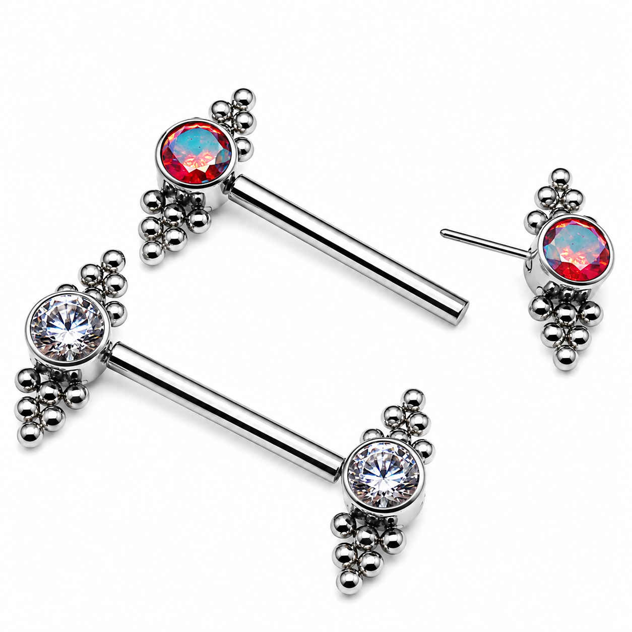 Clear/Red CZ Beaded Cluster Bar 14g, 16g