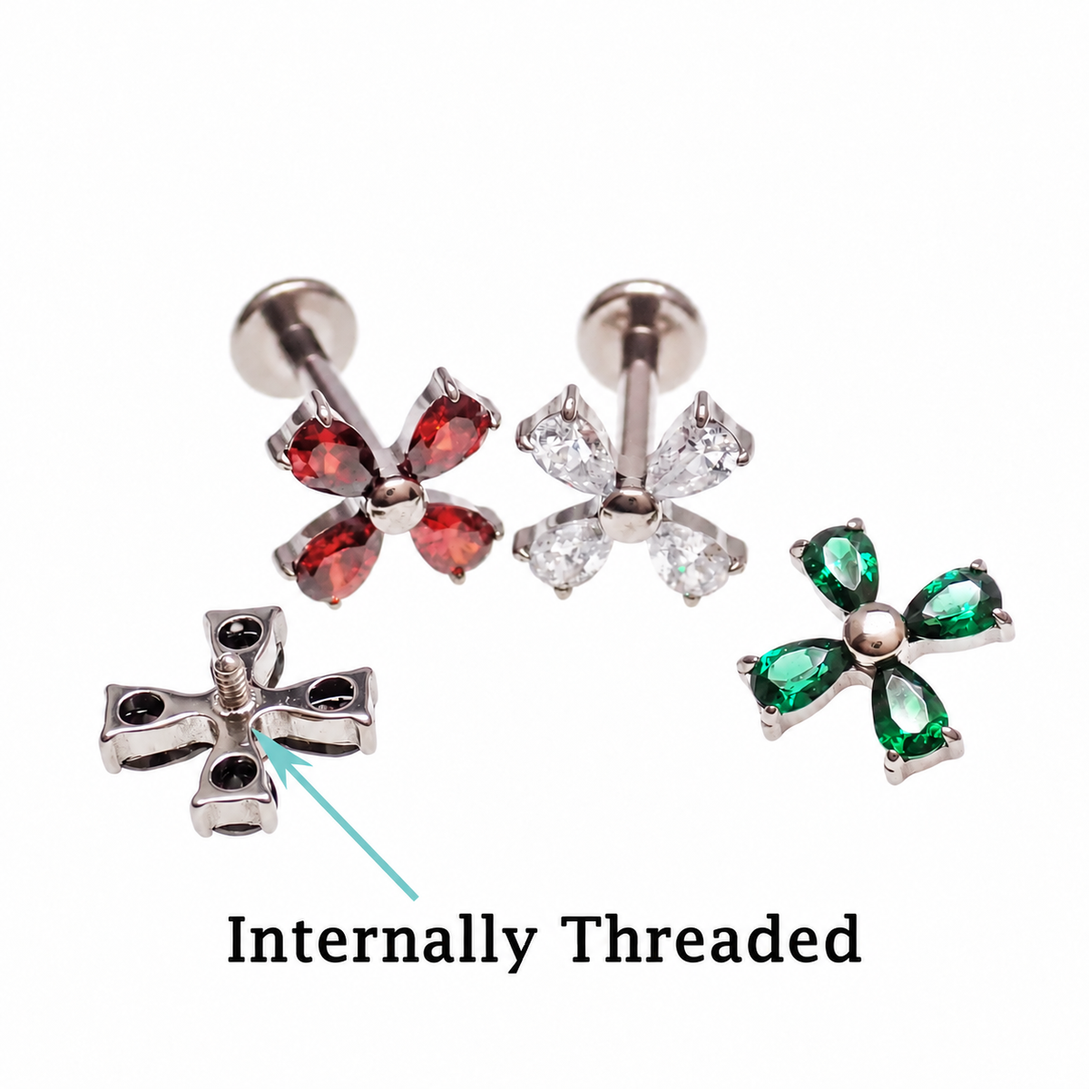 Implant titanium CZ Flower Flatback Piercing, Internally threaded 18g, 16g, 14g