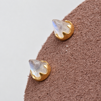 Pair of gold labradorite earrings on a brown display 