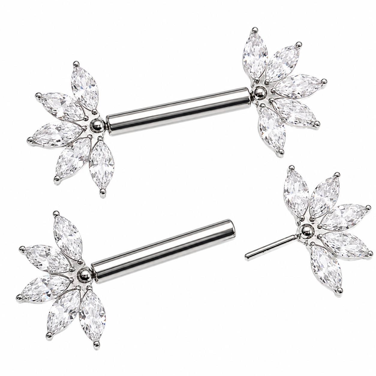 Clear CZ Flower Titanium Nipple Bar 16g, 14g