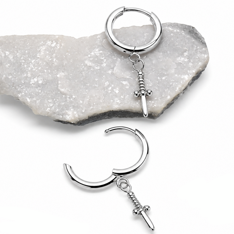 hoop earrings with dagger charm