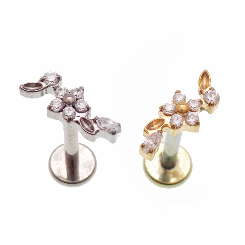 Dainty silver flower titanium flatback labret piercing earring with 0.9mm threaded post from Body Clickers