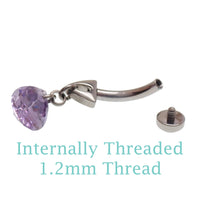 Magpie 14g curved belly ring with dangling opal and CZ stones, internally threaded body jewelry for navel piercing.