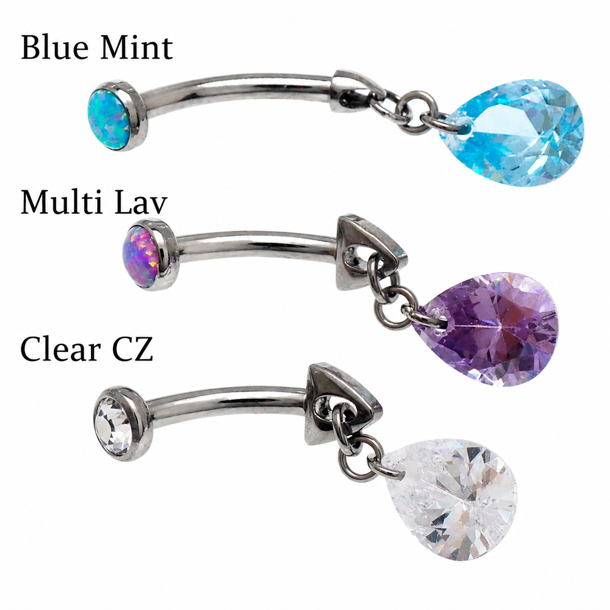 Magpie curve bar belly ring with dangling opal and cubic zirconia stones, 14 gauge, featuring a stylish dangle design.