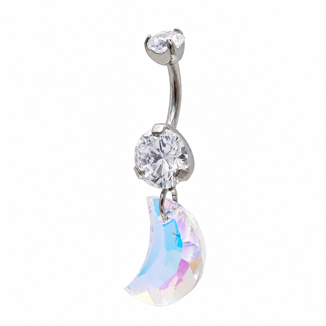 Titanium dangly moon belly ring for piercing, 14g Magpie implant jewelry with a celestial moon design.