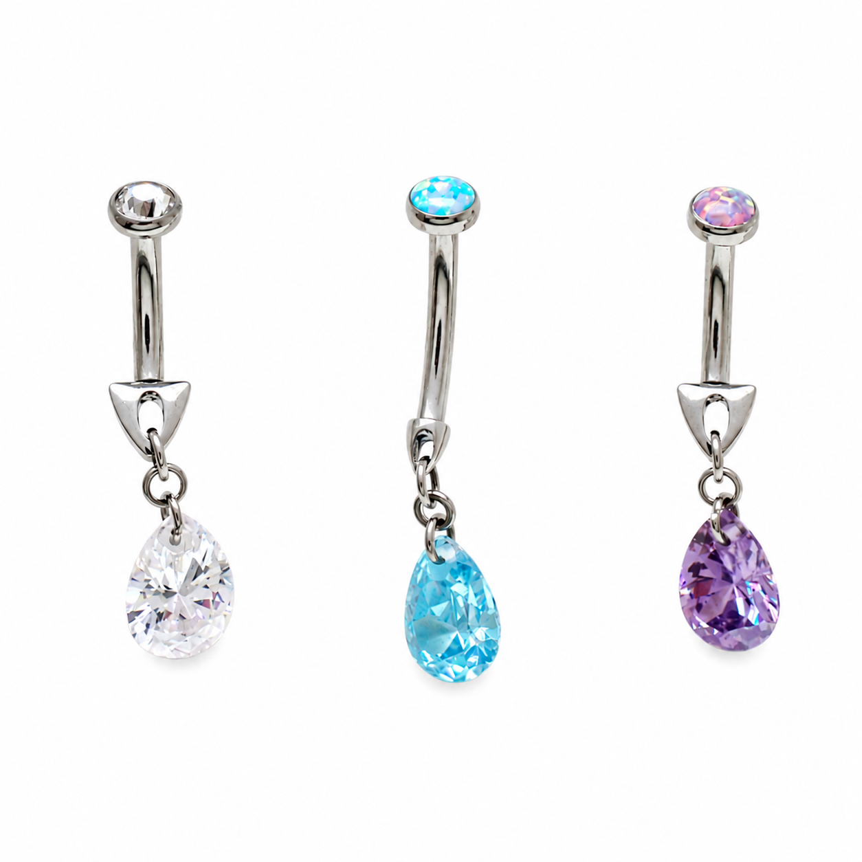 Magpie dangle curve belly ring with CZ and opal accents, 14 gauge curved bar jewelry for navel piercing.