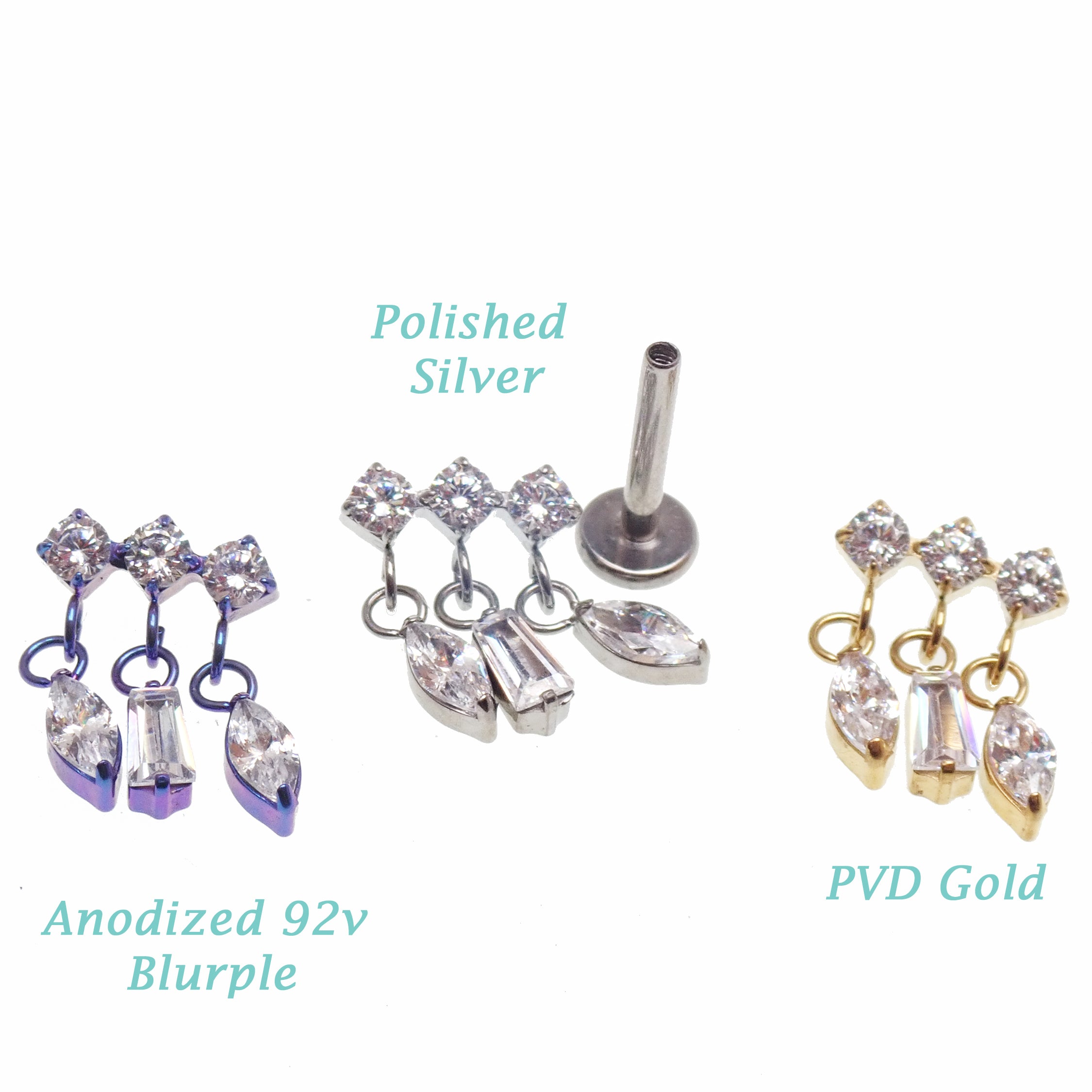 Implant Titanium Dangle CZ Cluster Flatback Piercing, Internally Threaded 18g, 16g, 14g