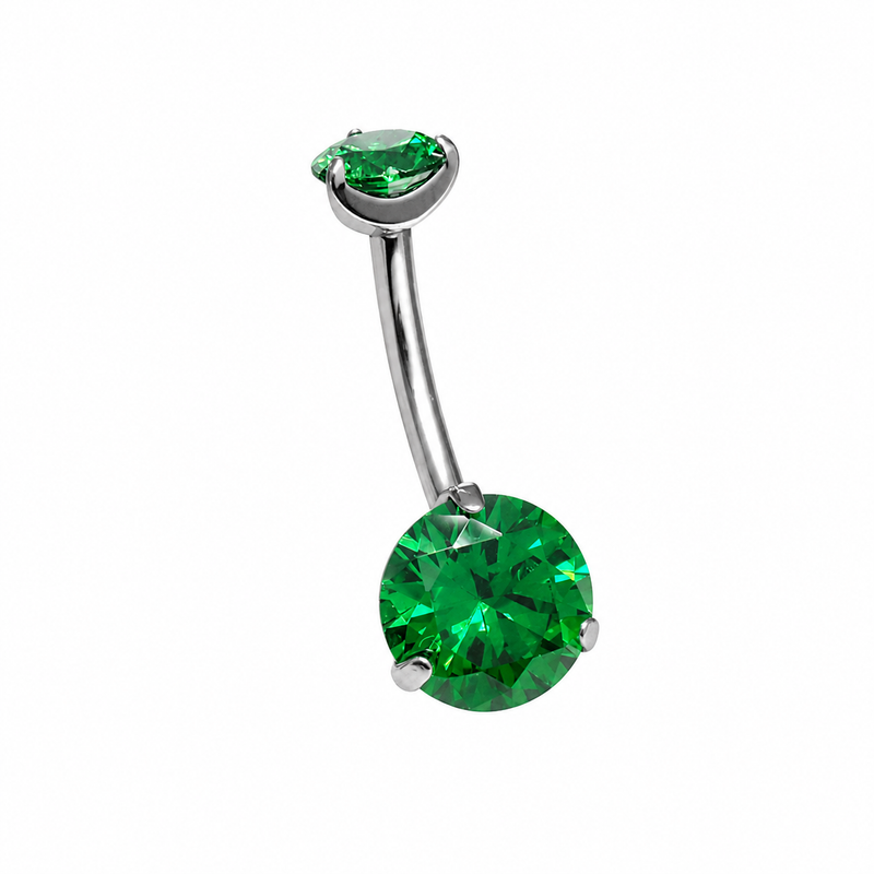 Emerald green CZ prong belly ring body jewelry with 14g gauge from Body Clickers Body Jewelry, featuring a sparkling gemstone design.