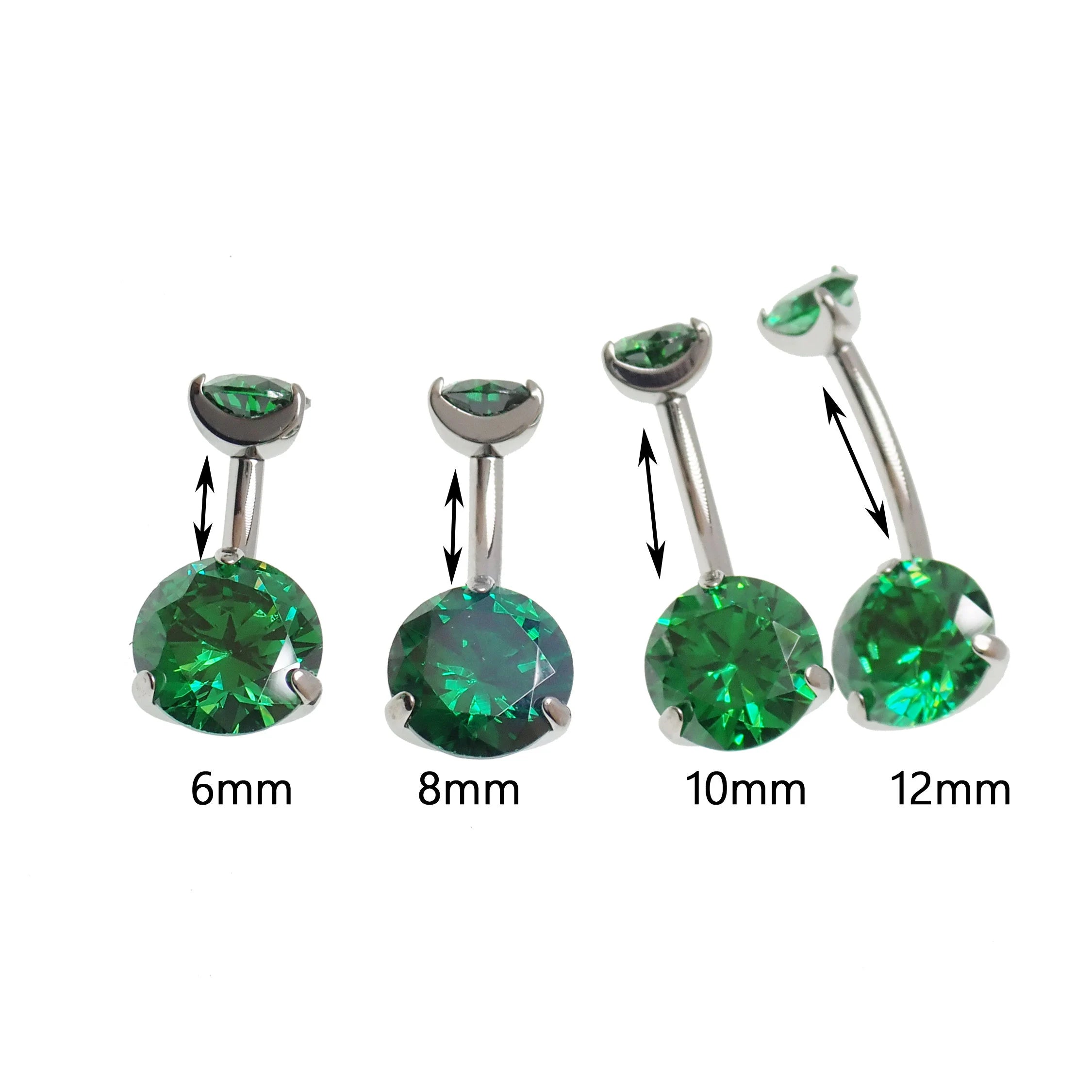 Emerald green CZ prong belly ring in 14g body jewelry with a sleek design and shiny gemstone, perfect for navel piercings.