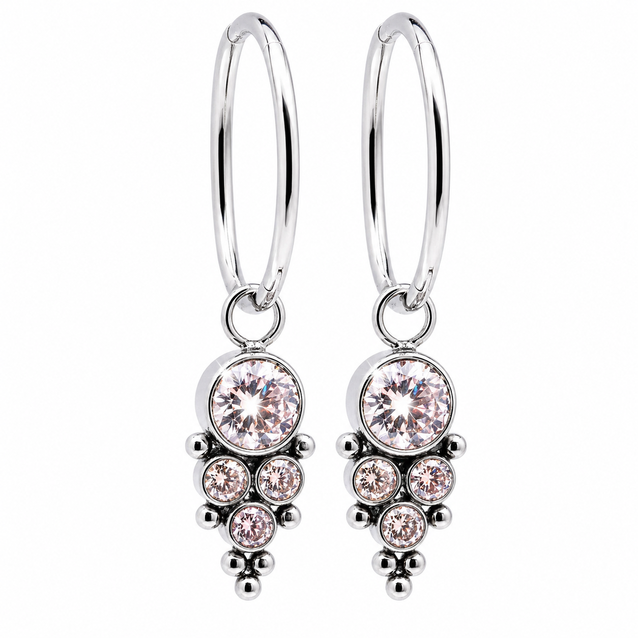 Halobes plain hoop earrings with CZ charms in 16g, 18g, and 20g body jewelry styles, showcasing shiny silver hoops with sparkling accents.