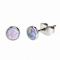 Titanium implant earrings with multi-lavender opal design, 20g body jewelry by Halobes, showing the detailed gemstone and smooth metal.