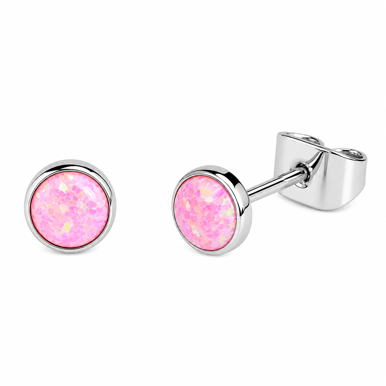 Halobes titanium implant earrings with 3mm opal stones in royal pink, 20g body jewelry for pierced ears.