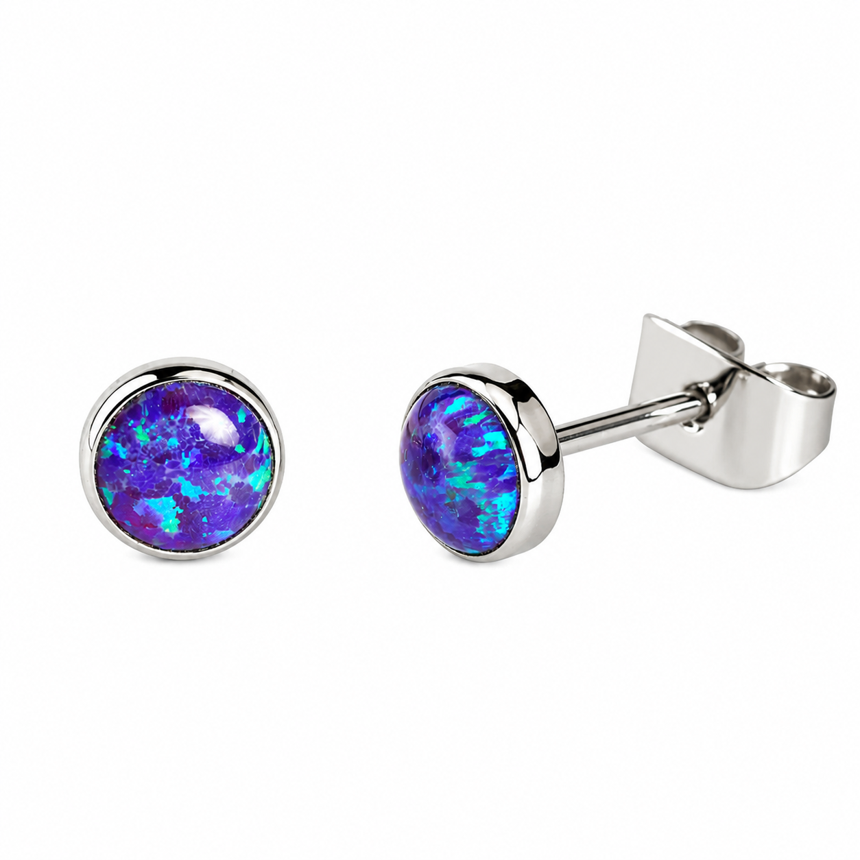 Titanium implant earrings with opal in sleepy lavender, 20g body jewelry by Halobes, shown in close-up detail.