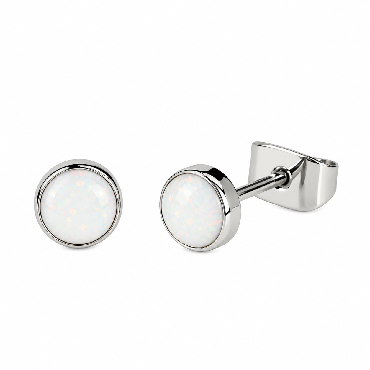 White opal implant titanium earrings in 20g body jewelry, featuring a sleek design by Halobes.