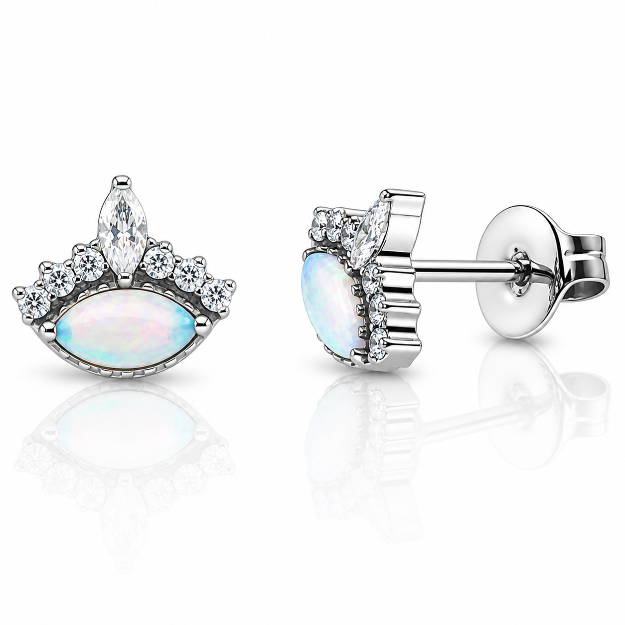 Halobes titanium implant earrings with opal and CZ crown design, 20g, featuring sparkling stones and a secure hook style.