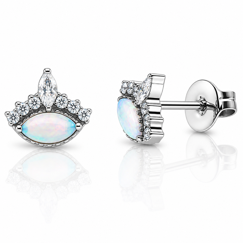 Halobes titanium implant earrings with opal and CZ crown design, 20g, featuring sparkling stones and a secure hook style.