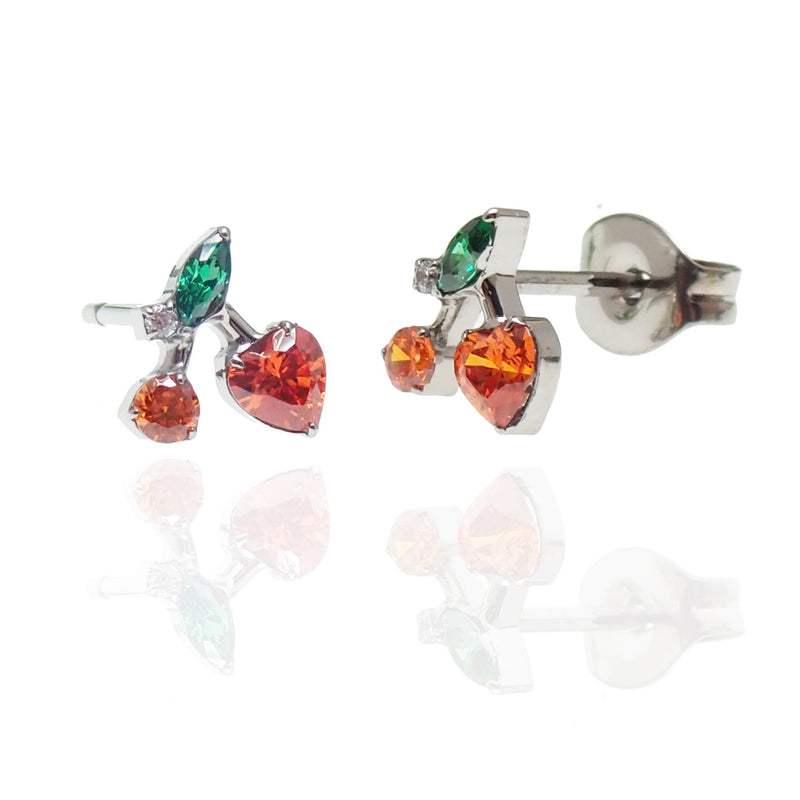 Pair titanium Cherry CZ earrings by Halobes featuring vibrant red cherry design and sparkling cubic zirconia stones.