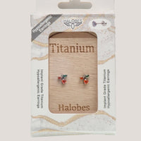 Pair titanium cherry-shaped CZ earrings by Halobes featuring silver-tone hooks and sparkling red stones.