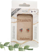 Pair titanium cherry CZ earrings by Halobes featuring shiny red gemstone accents and sleek silver-tone metal design.