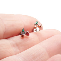 Pair titanium cherry CZ earrings by Halobes, featuring vibrant red cherry design with sparkling cubic zirconia stones.