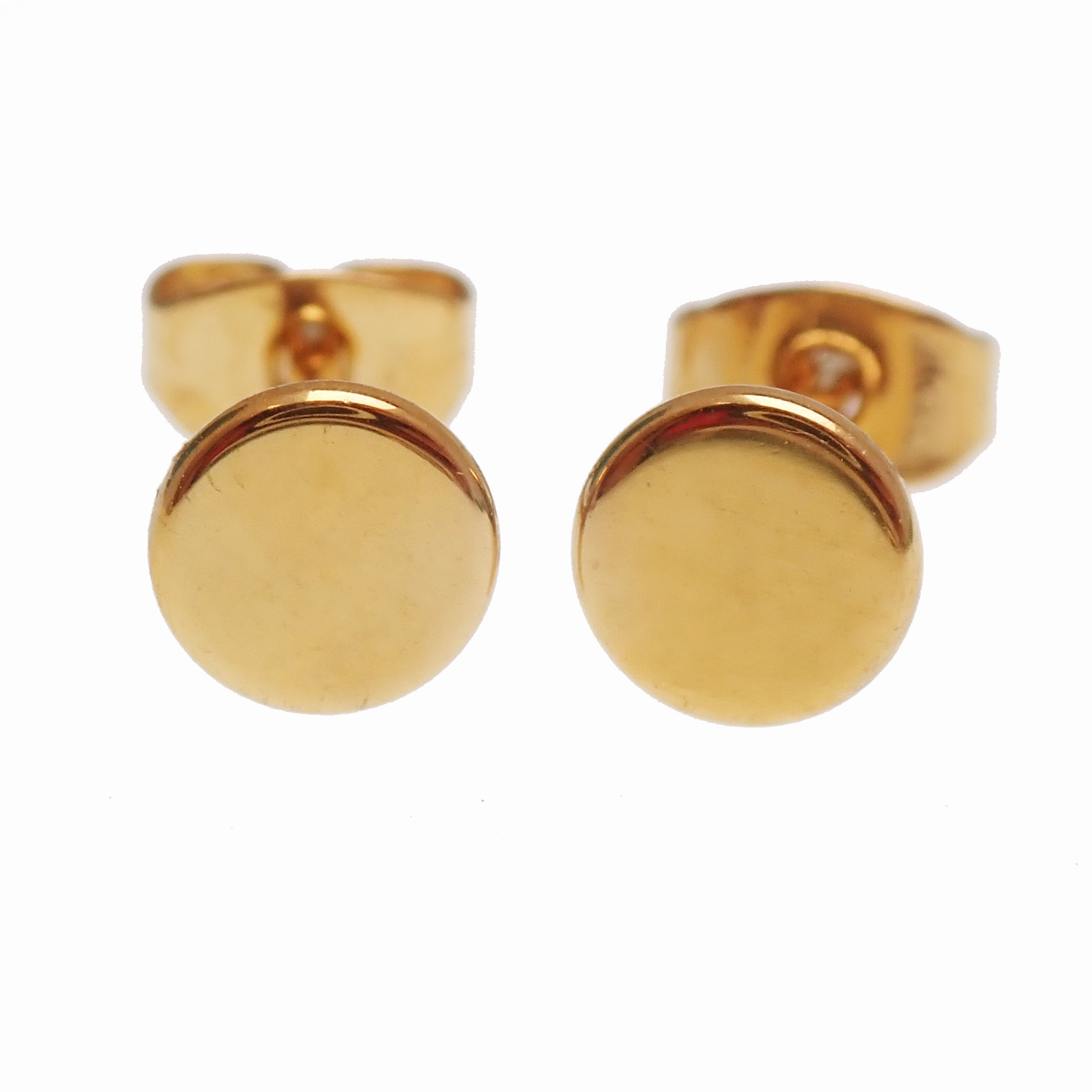 Pair of Halobes PVD gold titanium flat disc stud earrings in 3mm, 4mm, and 5mm sizes, lightweight and stylish jewelry.