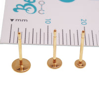 Pair of Halobes PVD Gold flat disc titanium stud earrings in 3mm, 4mm, and 5mm sizes with 20g weight, displayed on a white background.