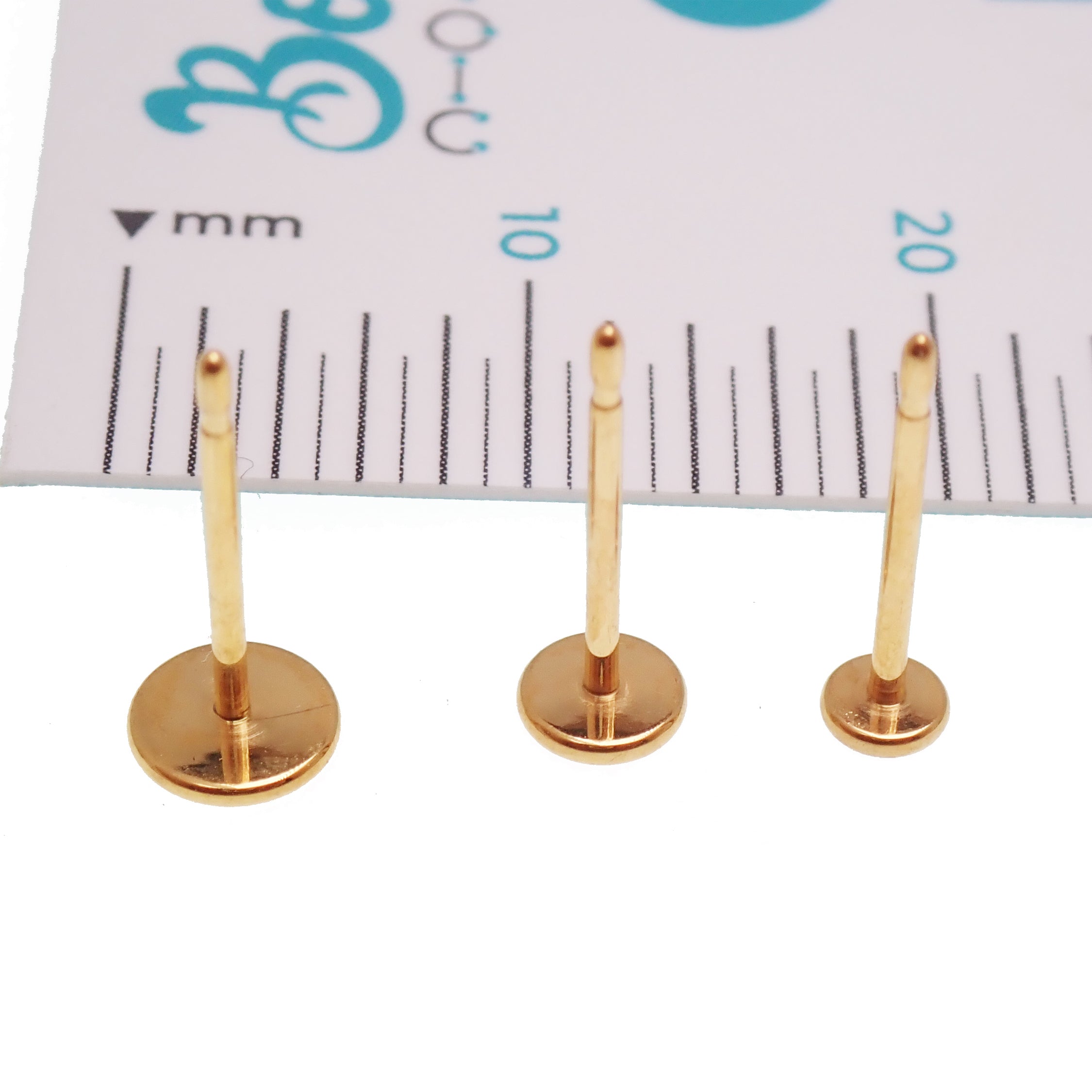 Pair of Halobes PVD Gold flat disc titanium stud earrings in 3mm, 4mm, and 5mm sizes with 20g weight, displayed on a white background.