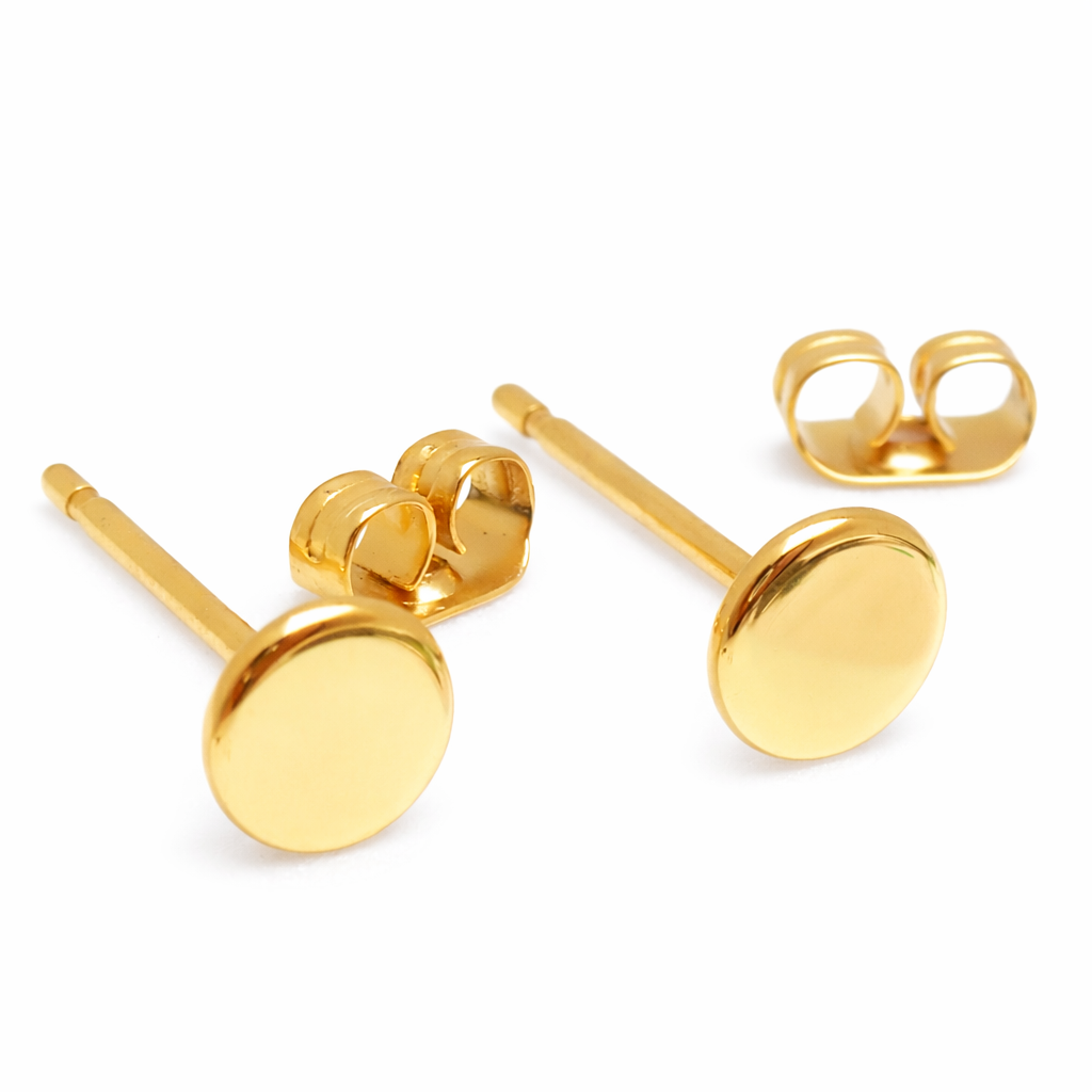 Halobes PVD gold flat disc titanium stud earrings pair in 3mm, 4mm, and 5mm sizes, featuring a sleek, minimalist design.