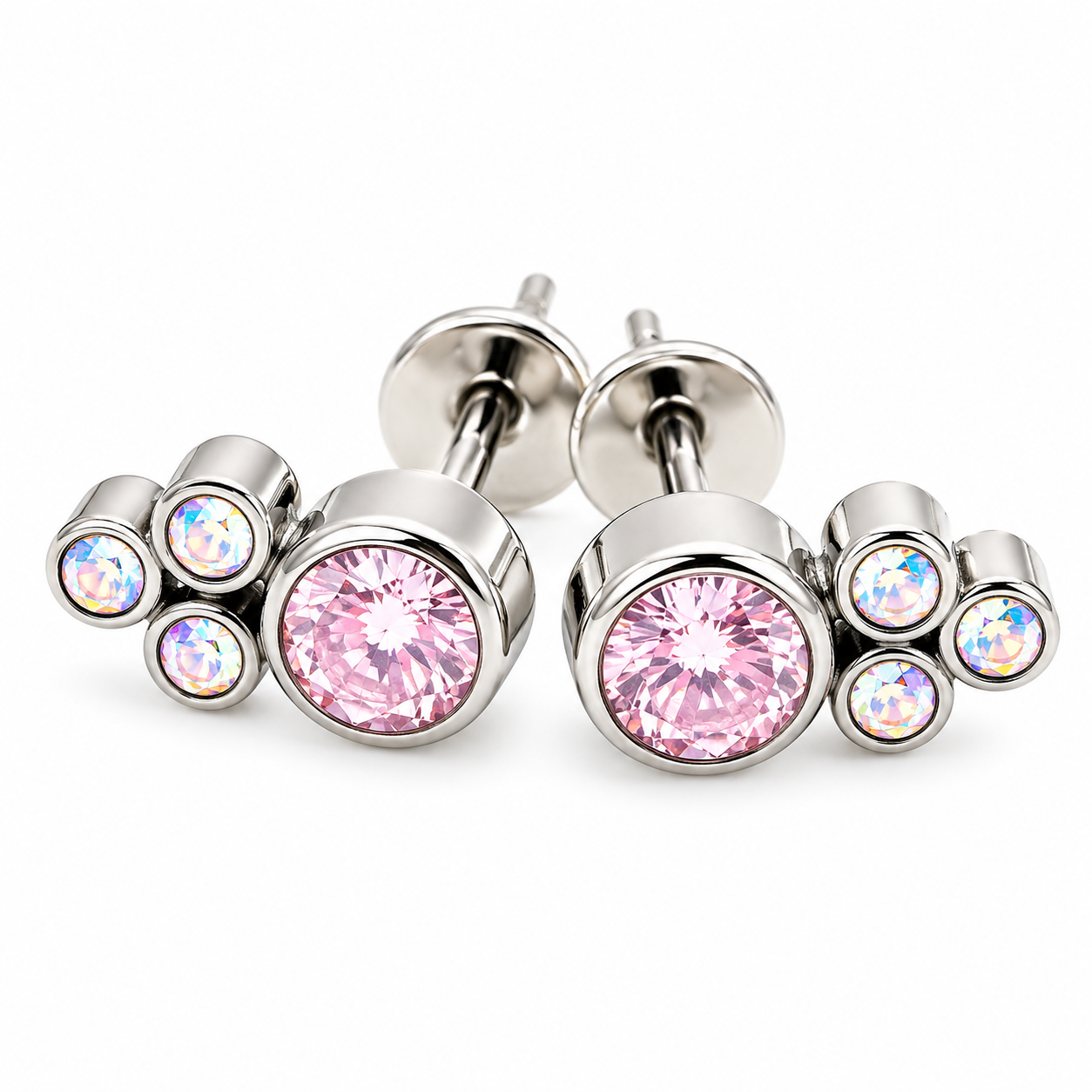 Pair of Halobes titanium implant earrings with blue CZ cluster design, 20g weight, suitable for pierced ears.