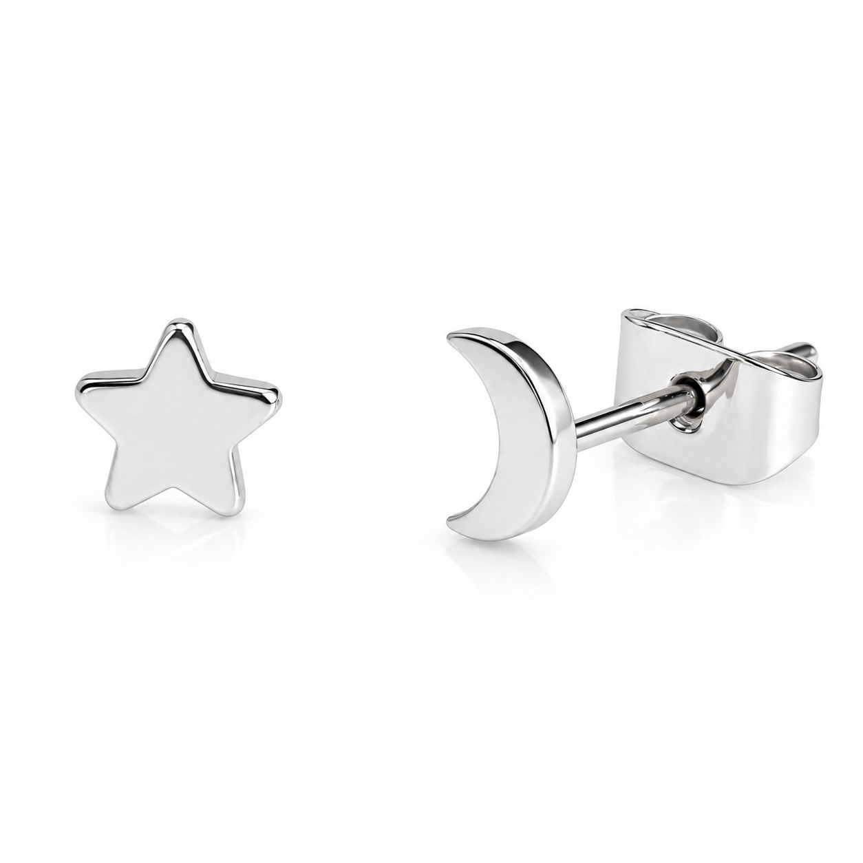 Titanium implant earrings by Halobes featuring moon and star charms, 20g gauge, with a sleek silver finish.