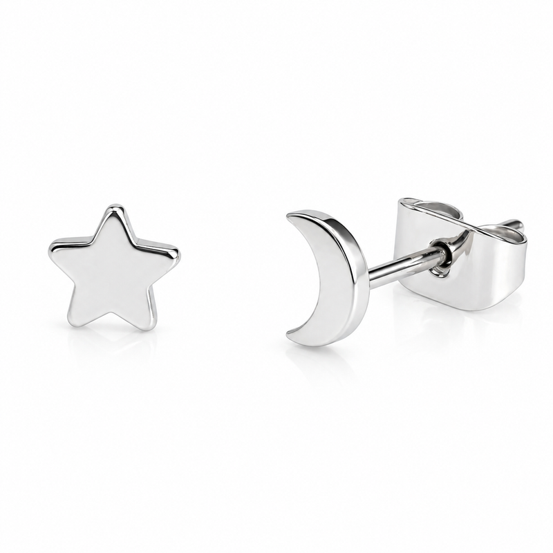 Titanium implant earrings by Halobes featuring moon and star charms, 20g gauge, with a sleek silver finish.
