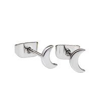 Pair of Halobes titanium implant earrings with moon design, 20g gauge, featuring sleek, minimalist jewelry for pierced ears.