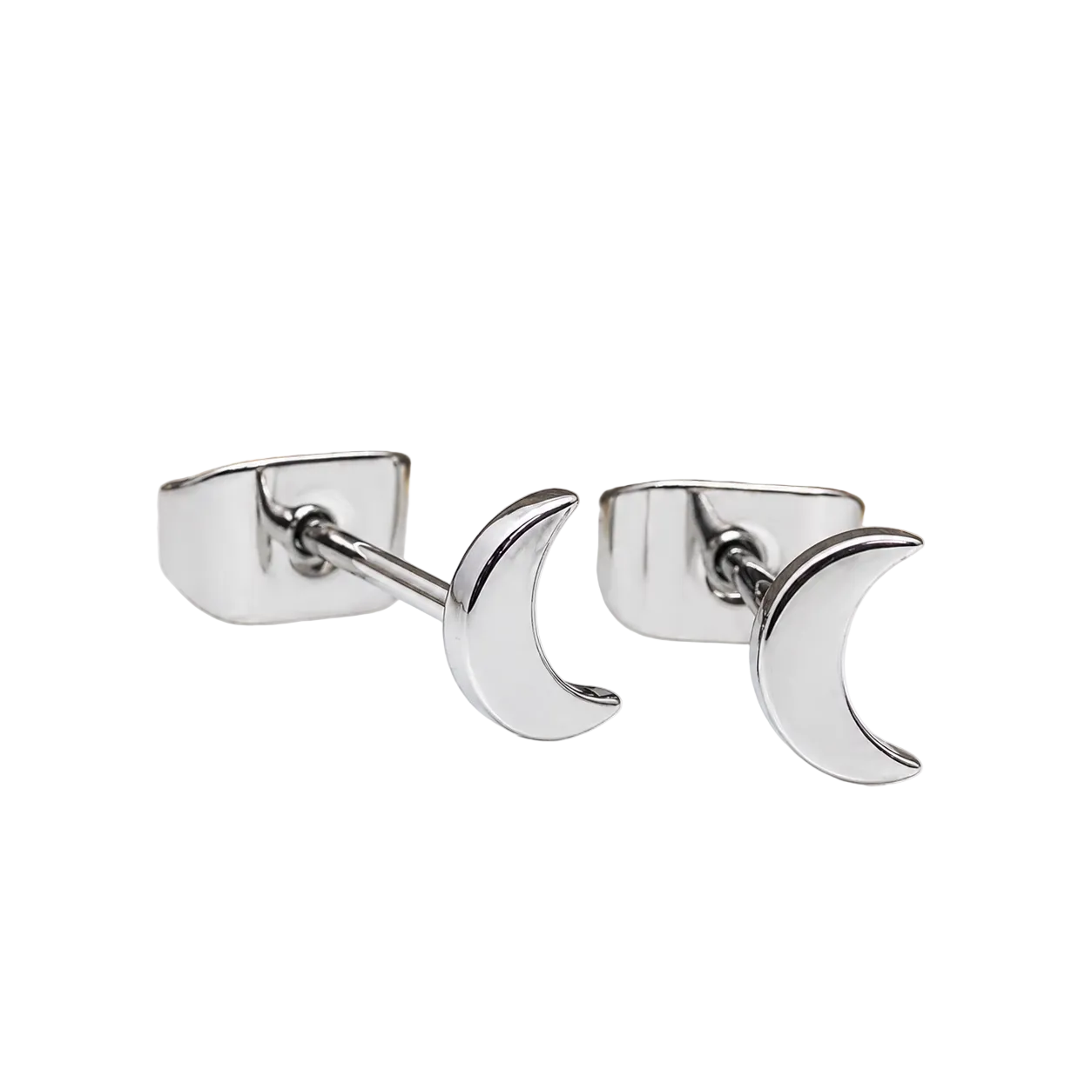 Pair of Halobes titanium implant earrings with moon design, 20g gauge, featuring sleek, minimalist jewelry for pierced ears.
