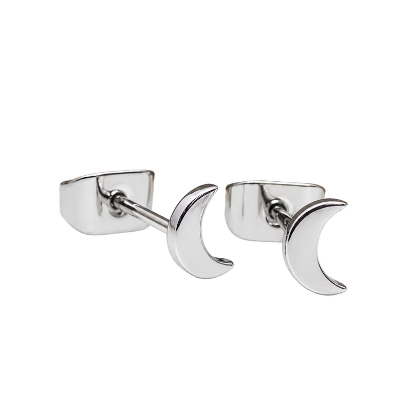 Pair of Halobes titanium implant earrings with moon design, 20g gauge, featuring sleek, minimalist jewelry for pierced ears.