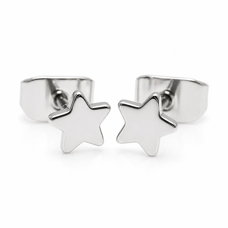 Pair of Halobes titanium implant earrings with star designs, 20g, featuring a sleek, minimalist style for pierced ears.