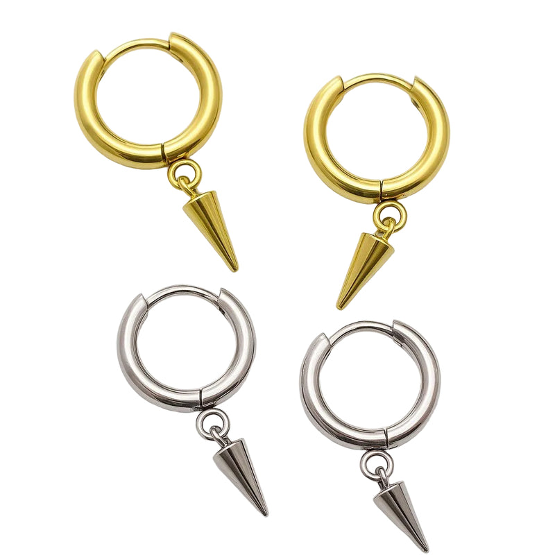 Halobes implant titanium earrings with drop spike design, 20g, shown as a pair on a neutral background.