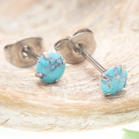 Turquoise 4mm claw set titanium stud earrings by Halobes, pair with bright turquoise stones and sleek titanium setting.